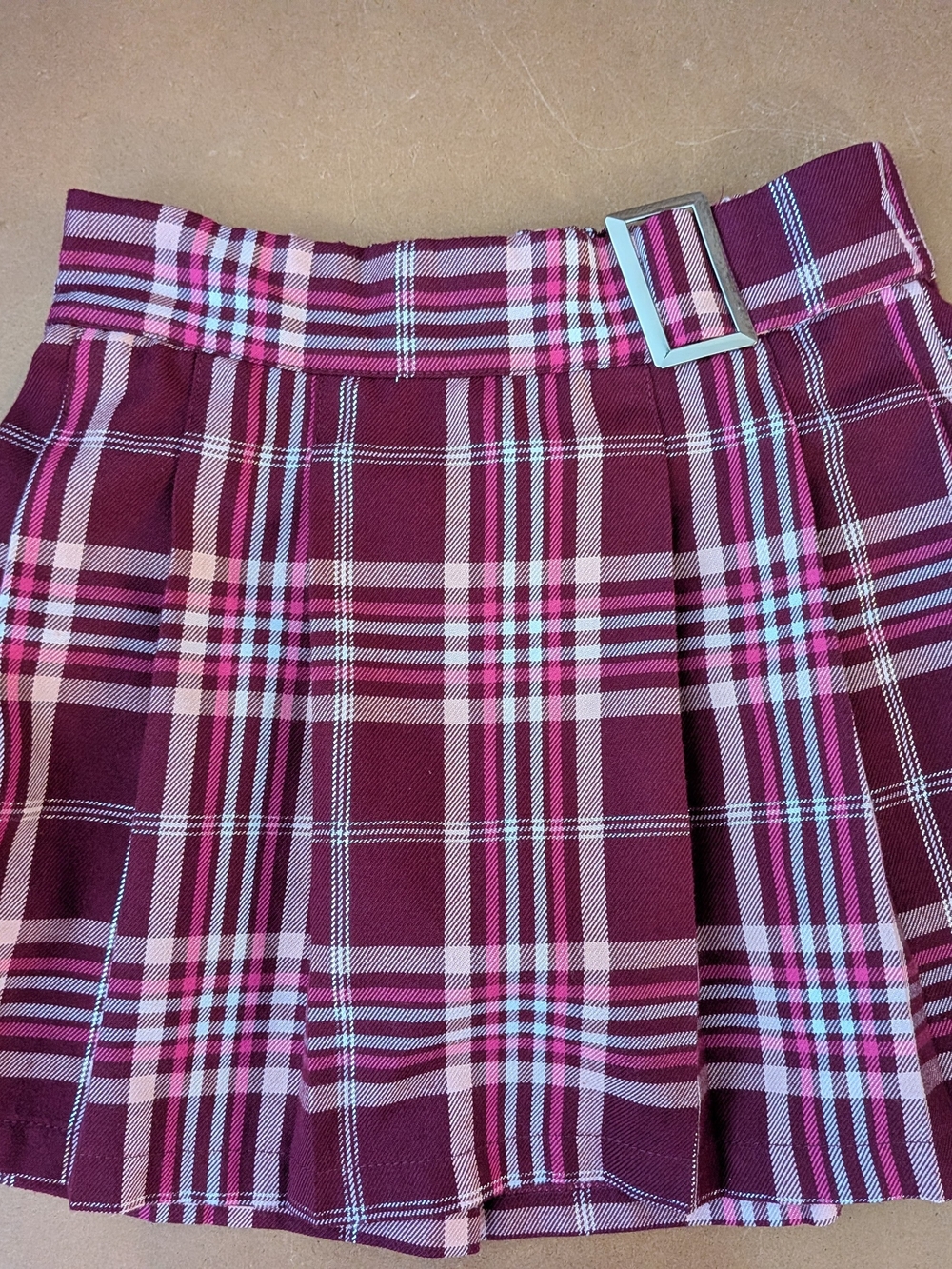 Justice Burgundy and Pink Plaid Pleated Mini Skirt with Buckle For Girls